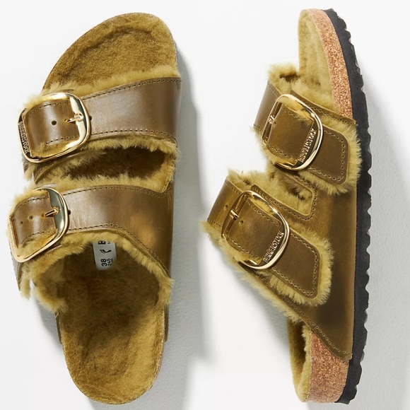 Birkenstock Arizona Big buckle Shearling sandal slide fur olive green - Picture 1 of 10